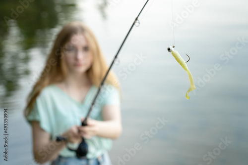 Girl Fishing Lure Calm Evening Lake