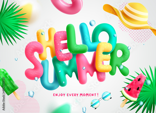 Summer vector background design. Hello summer greeting 3d text with tropical elements of hat, fruit popsicles and floater in pattern background for fun and playful tropical season decoration.