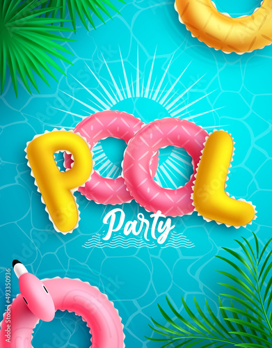 Pool party vector concept design. Summer pool party typography text with floating floaters and letters in water for tropical season relax leisure activity. Vector illustration.
