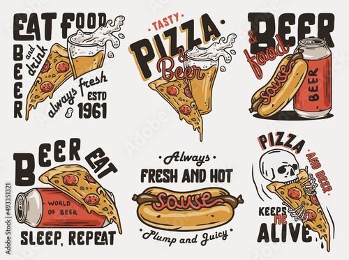 New pizza and beer t-shirt print set, beer and fast food, hot dog and pinta of beer