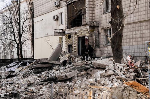 Kyiv  Ukraine  17 March 2022  War of Russia against Ukraine. A residential building damaged by enemy aircraft in Ukrainian capital Kyiv  apartments destroyed following Russian rocket attack city