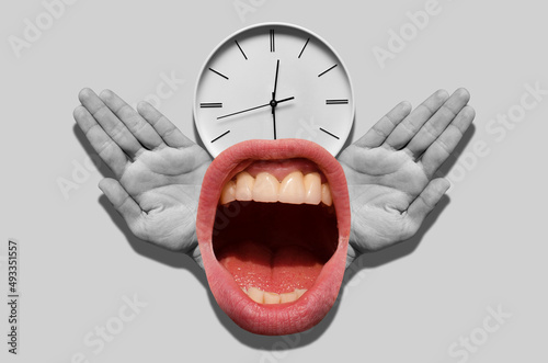 Open mouth, human palms and clock