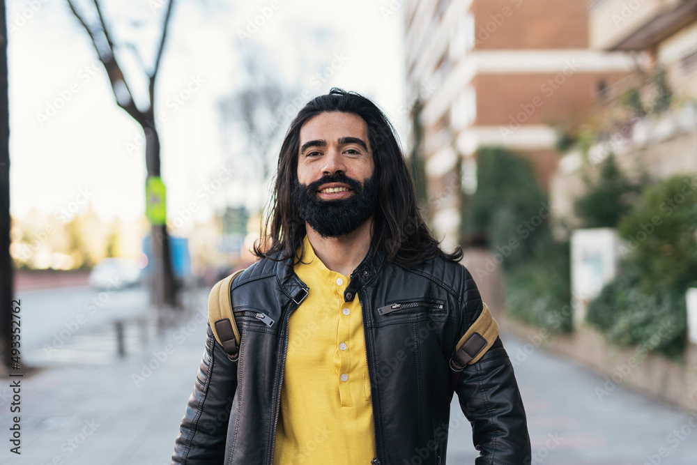 Positive hairy male standing on street Positive hairy male standing on street