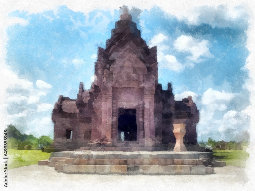 Ancient stone castle and ancient pattern art in Thailand watercolor style illustration impressionist painting. Ancient stone castle and ancient pattern art in Thailand watercolor style illustration impressionist painting.