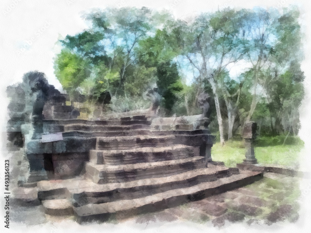 Ancient stone castle and ancient pattern art in Thailand watercolor style illustration impressionist painting. Ancient stone castle and ancient pattern art in Thailand watercolor style illustration impressionist painting.