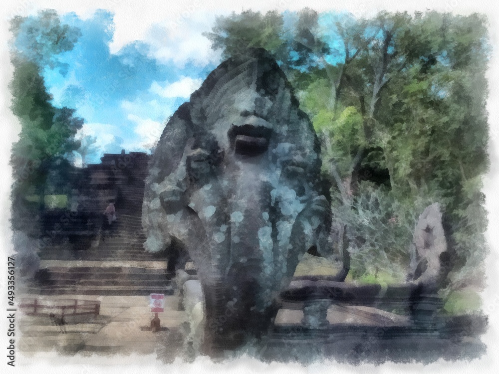Ancient stone castle and ancient pattern art in Thailand watercolor style illustration impressionist painting. Ancient stone castle and ancient pattern art in Thailand watercolor style illustration impressionist painting.