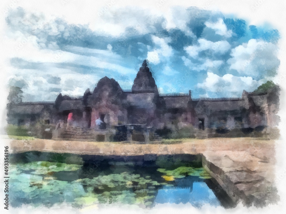 Ancient stone castle and ancient pattern art in Thailand watercolor style illustration impressionist painting. Ancient stone castle and ancient pattern art in Thailand watercolor style illustration impressionist painting.