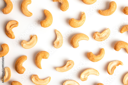 Pattern of cashew nuts on white background.  top view