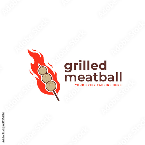 grilled spicy hot skewer satay meatball logo icon with red hot flame