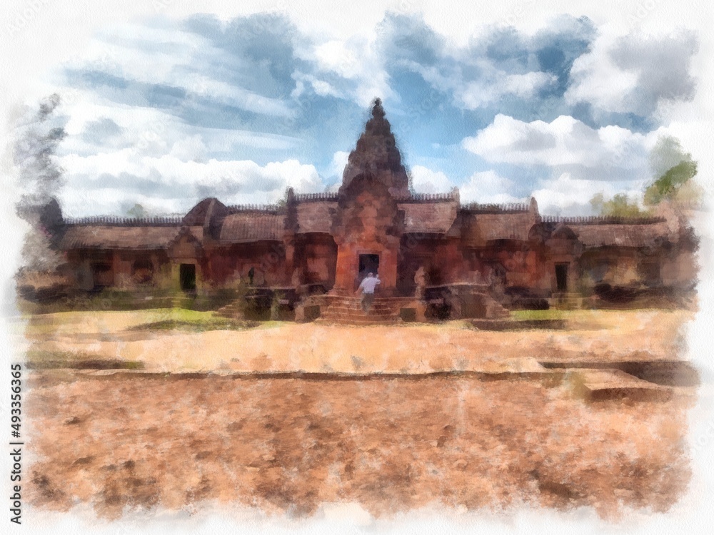 Ancient stone castle and ancient pattern art in Thailand watercolor style illustration impressionist painting. Ancient stone castle and ancient pattern art in Thailand watercolor style illustration impressionist painting.