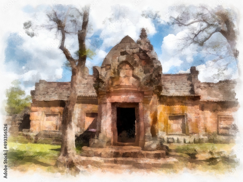 Ancient stone castle and ancient pattern art in Thailand watercolor style illustration impressionist painting.