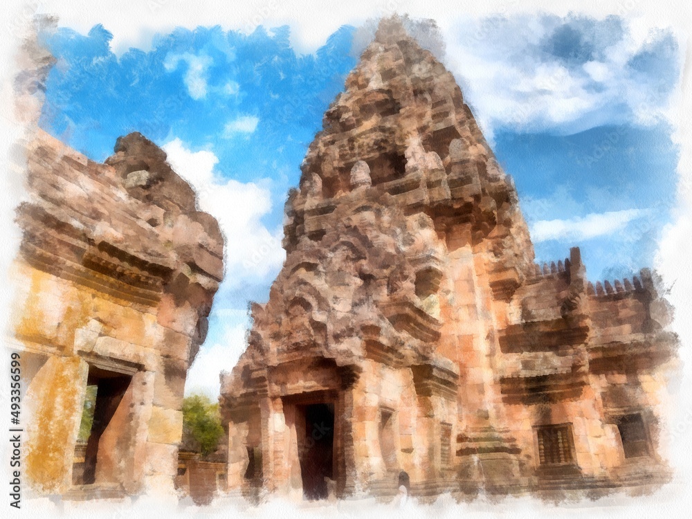 Ancient stone castle and ancient pattern art in Thailand watercolor style illustration impressionist painting.