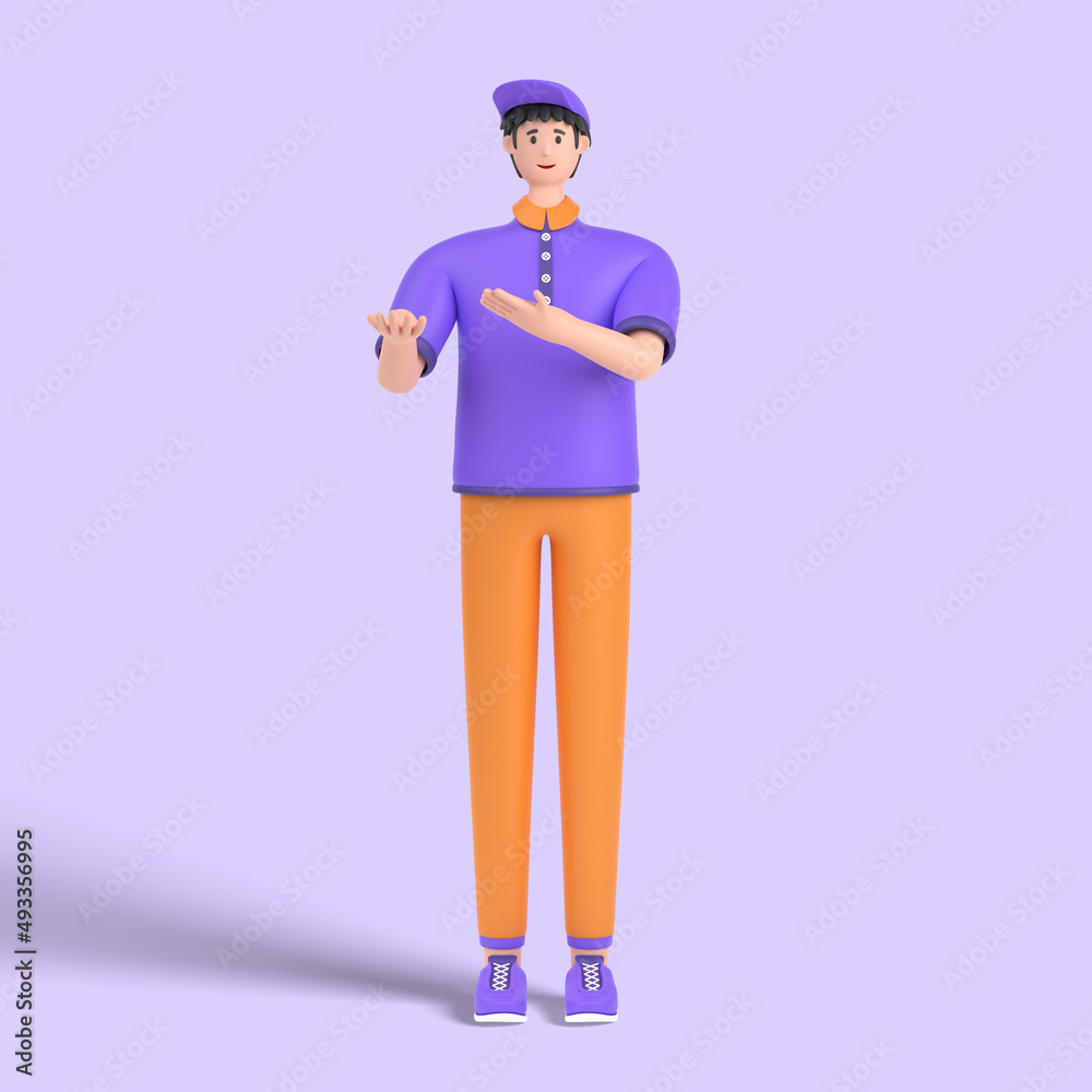 3d male character pointing away hands together and showing or presenting something while standing and smiling.