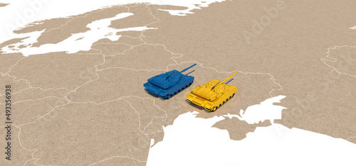 War conflict on the border of Ukraine with Russia. 3D illustration rendered map of Europe with tanks in blue and yellow colors defending country. Geopolitical concept. photo