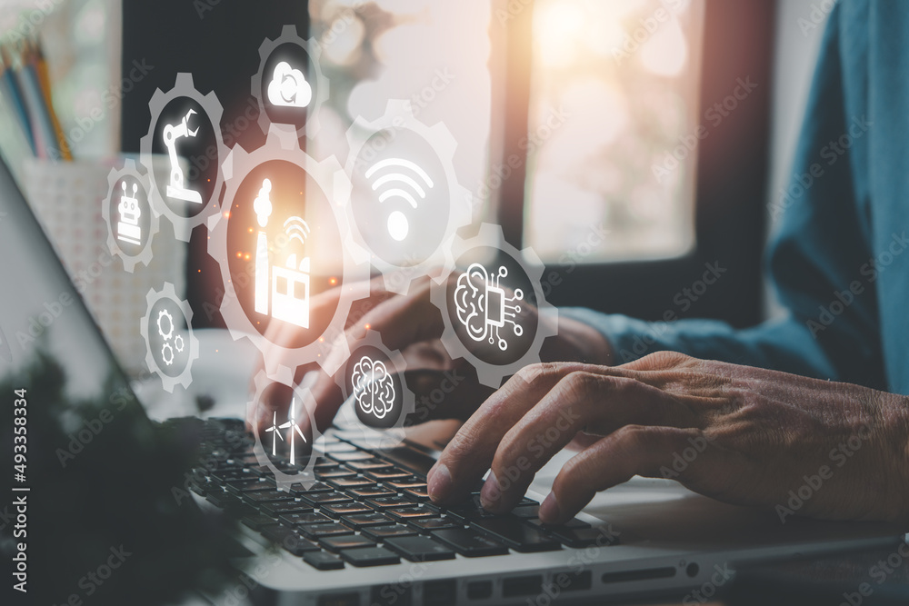 Smart industry 4.0 concept, Person hand using laptop computer with VR ...