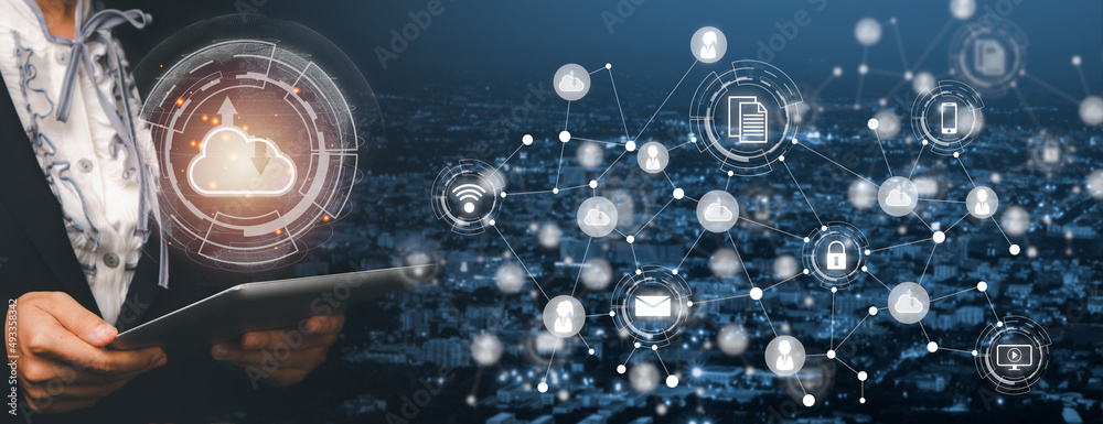 Fototapeta premium Person hand using sdigital tablet with cloud computing icon, Cloud computing concept, Backup Storage Data Internet, networking and digital, Share global, technology concept.....