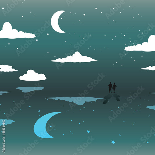 crescent moon night lover. Vector illustration with realistic moon and clouds and star sky.