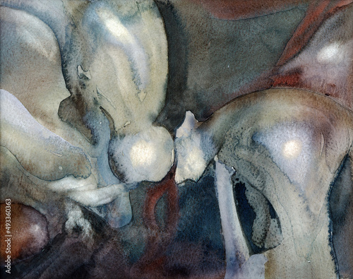 A watercolor painting of part of a whale skeleton. photo