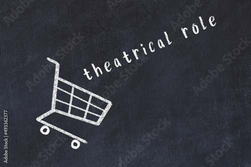 Chalk drawing of shopping cart and word theatrical role on black chalboard. Concept of globalization and mass consuming