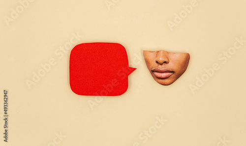 Woman with red speech bubble photo
