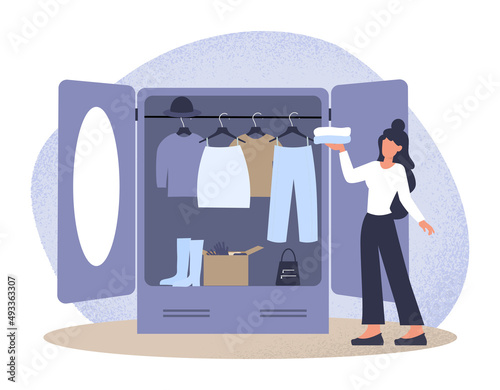 Organization and arrangement concept. Woman standing next to open closet, holding stack of clothes in hands and looking at hanging dresses. Housewife cleans wardrobe. Cartoon flat vector illustration