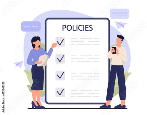 Regulatory compliance concept. Young man and woman create rules for office employees to achieve business goals. Moral standards and productivity. Cartoon contemporary flat vector illustration