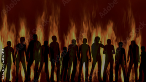 Crowd of people standing in front of fiery background. Many people, group of citizens among flames , smoke , fog . Invasion , war theme . 3d render illustration