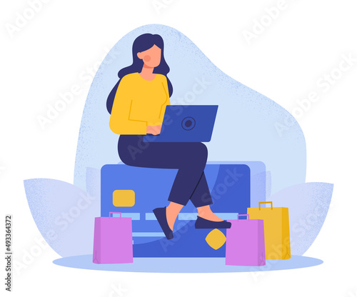 Online payment concept. Young woman with laptop sits on large credit or bank card and makes purchases in online store. Shopping on Internet. Order and delivery. Cartoon flat vector illustration