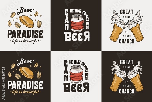 Beer vector set with can and mug for brewing. Brew design with cap and glass for bar or pub