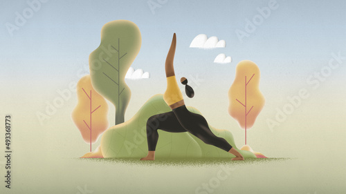 black woman do fitness exercise in Warrior yoga Pose 
