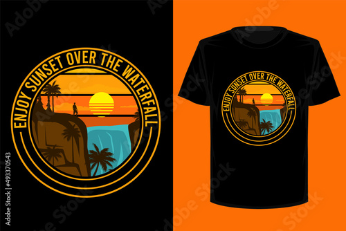 Enjoy sunset over the waterfall retro vintage t shirt design