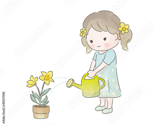 花に水をあげる女の子の水彩風イラスト