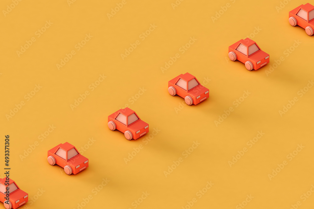 a row of Pink toy car on a yellow background a row of Pink toy car on a yellow background