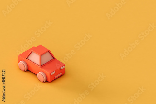 Pink toy car on a yellow with large copy space. 3d. photo