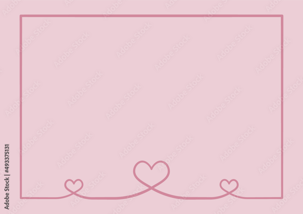 Fototapeta Prosta ramka z trzema serduszkami na różowym tle z miejscem na tekst lub cytat. Tło do projektowania wizytówki, kartek urodzinowych, życzeń, gratulacji, wzór zaproszenia ślubnego, tło do social media.
