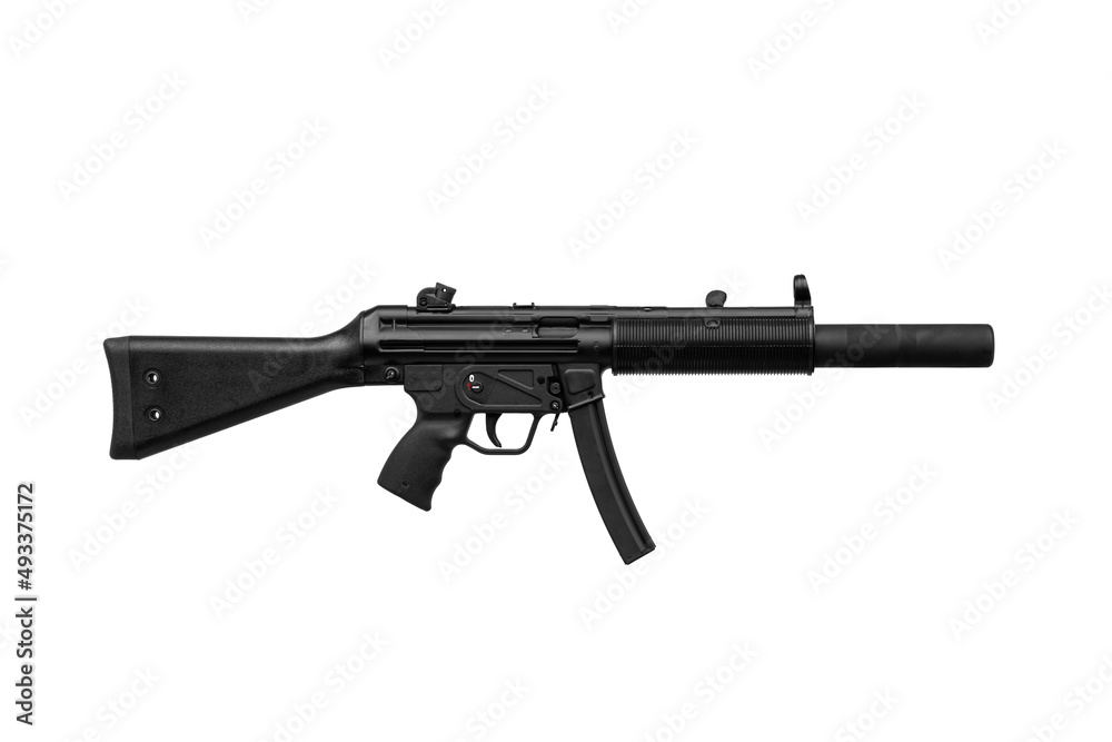 Submachine gun mp5. Small rifled automatic weapon caliber 9mm. Armament of the police and special forces. Isolate on a white back. - obrazy, fototapety, plakaty 