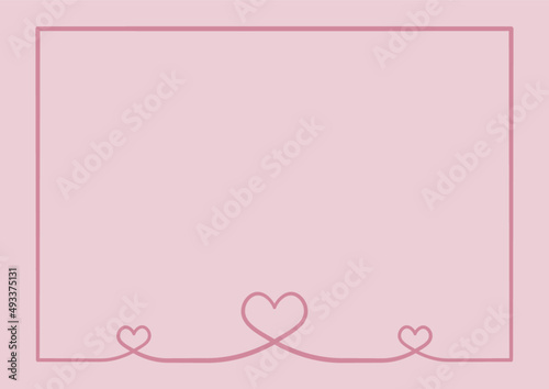 Fototapeta Prosta ramka z trzema serduszkami na różowym tle z miejscem na tekst lub cytat. Tło do projektowania wizytówki, kartek urodzinowych, życzeń, gratulacji, wzór zaproszenia ślubnego, tło do social media.