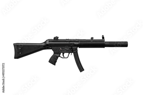 Submachine gun mp5. Small rifled automatic weapon caliber 9mm. Armament of the police and special forces. Isolate on a white back. photo