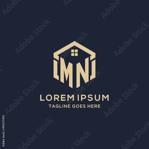 Initials MN logo with abstract home roof hexagon shape, simple and modern real estate logo design