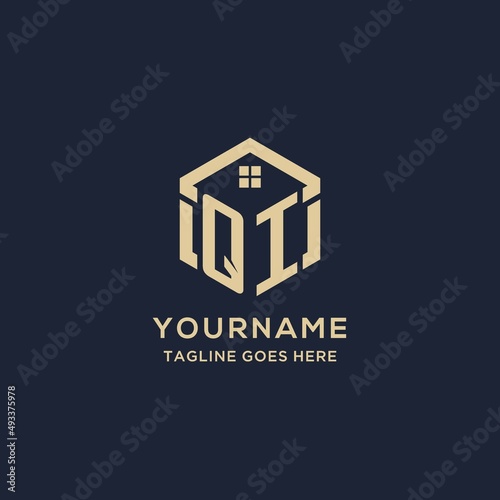 Initials QI logo with abstract home roof hexagon shape, simple and modern real estate logo design