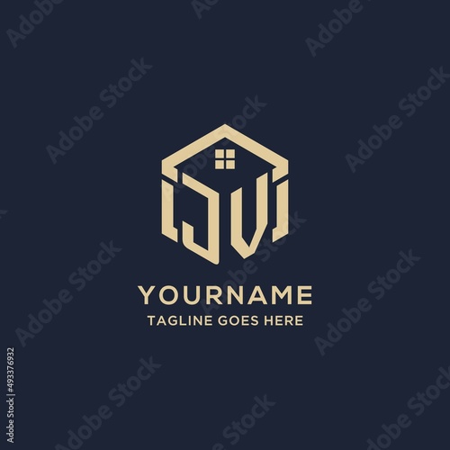 Initials JV logo with abstract home roof hexagon shape, simple and modern real estate logo design