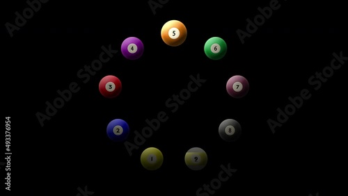 10 seconds countdown leader with rotating billiard balls and numbers.