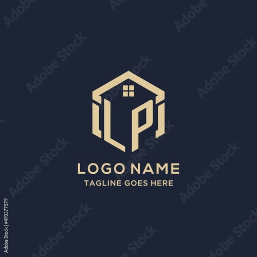Initials LP logo with abstract home roof hexagon shape, simple and modern real estate logo design