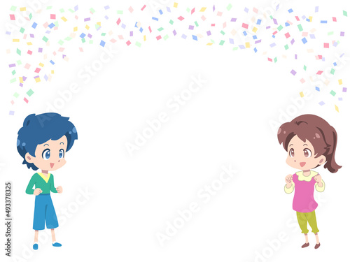 紙吹雪と元気な男の子と女の子（全身）・主線なし