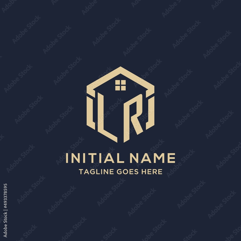 Initials LR logo with abstract home roof hexagon shape, simple and ...