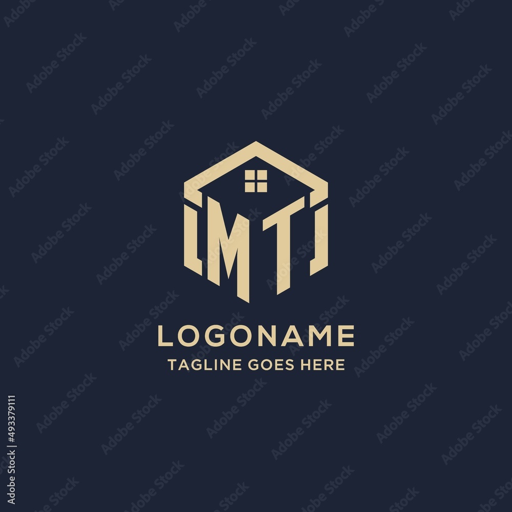 Initials MT logo with abstract home roof hexagon shape, simple and ...