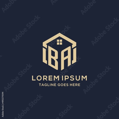 Initials BA logo with abstract home roof hexagon shape, simple and modern real estate logo design