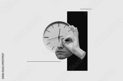 Collage With Hand, Part Of Face And Clock photo