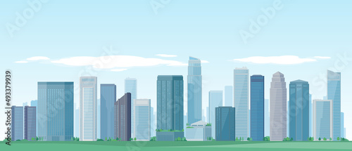 Urban panorama cityscape with blue sky background. Vector illustration of green city landscape such as buildings, modern downtown skyscrapers, park and trees.
