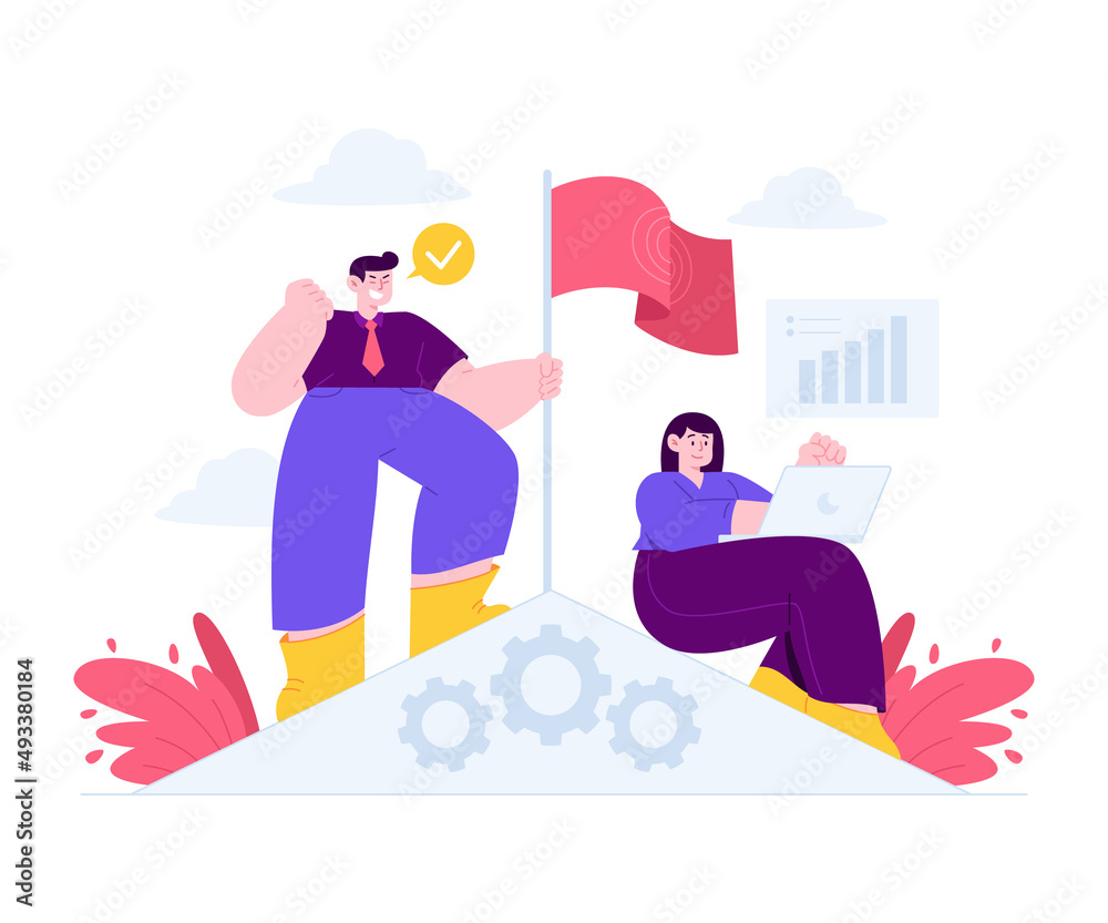 Goal concept vector Illustration idea for landing page template, common purpose achievement, project challenge target, teamwork business. Hand drawn Flat Styles
